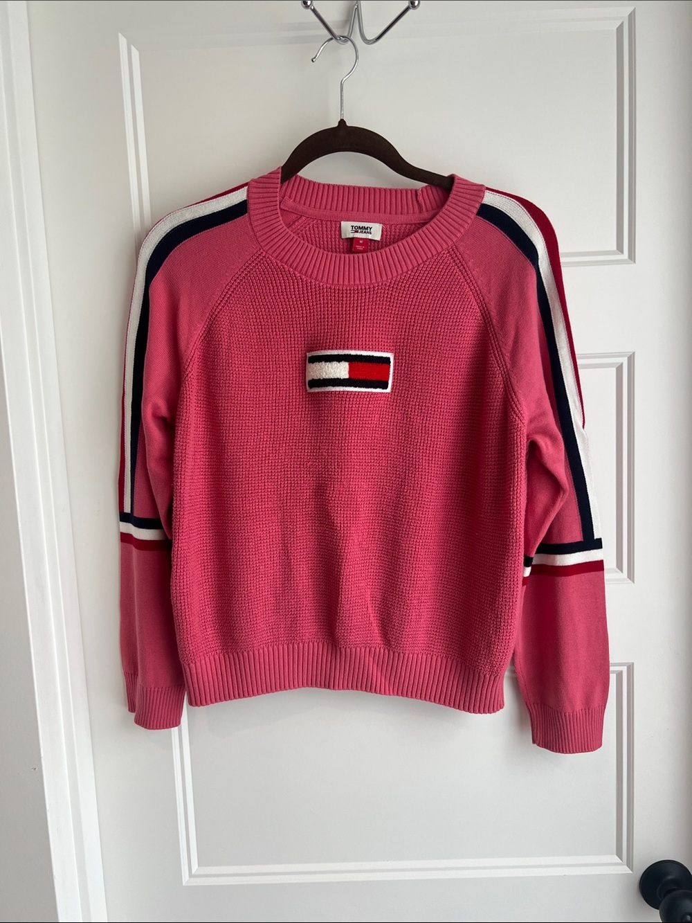 Tommy Hilfiger Pink Crewneck Sweater with Striped Shoulder Detail